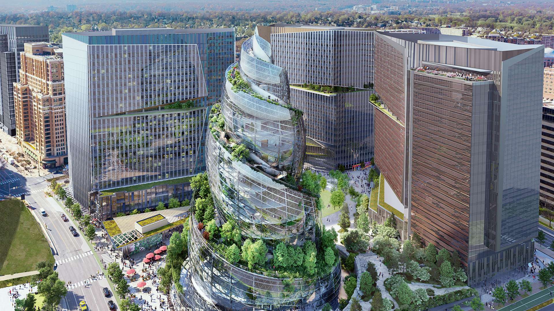 Die Nase vorn, die Spitze oben: Der sogenannte »PenPlace« in der Nähe von Washington, D.C., soll Amazons Konzernzentrale in Seattle entlasten. Auf 2,5 Hektar Land entsteht ein Campus mit 260.000 Quadratmetern Bürofläche. Highlight ist der 22-stöckige Helix-Tower von NBBJ Architects.